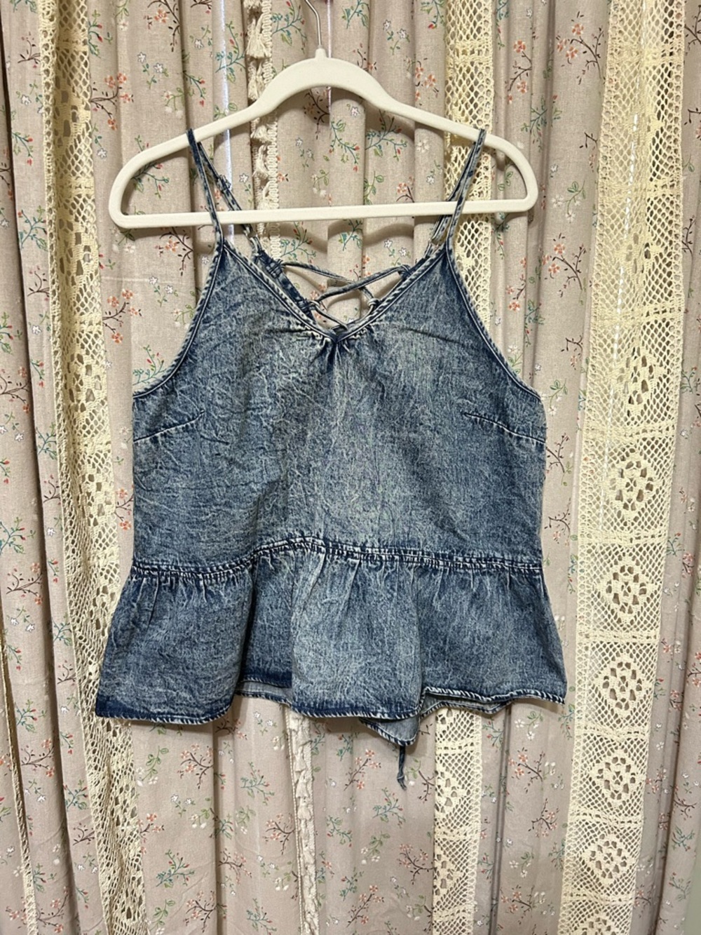 2/$28 NWT Versona Acid Wash Denim Lace-Up Back Peplum Tank XL Boho
